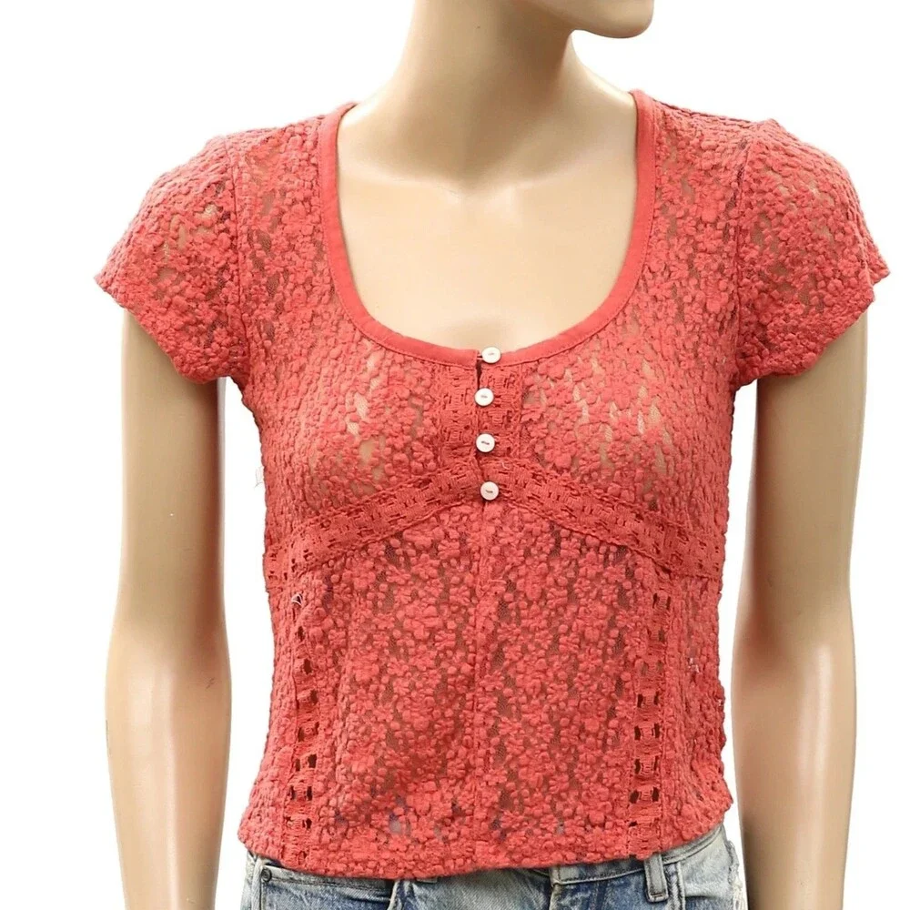 Free People Claro Lace Tee Women's Blouse Top Sheer Short Sleeve Trendy S 289938